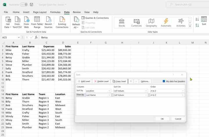 Microsoft Excel'de seçilen sıralama seçenekleri.