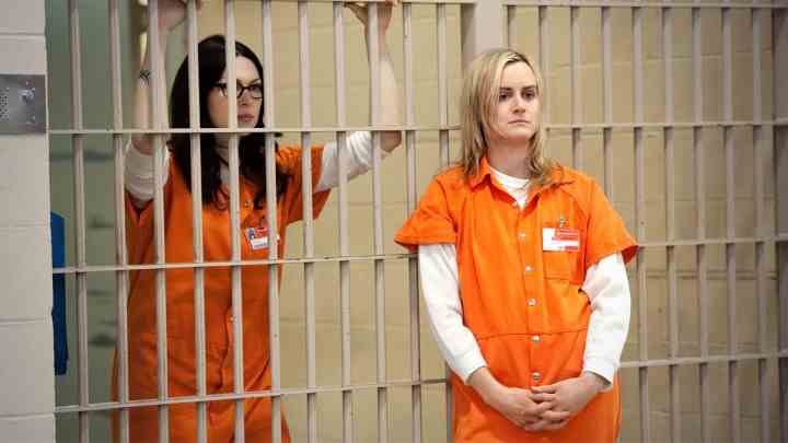 Parmaklıklar ardında Vaughn rolünde Laura Prepon, Orange'da ise Piper rolünde Taylor Schilling hücrenin dışında duruyor.