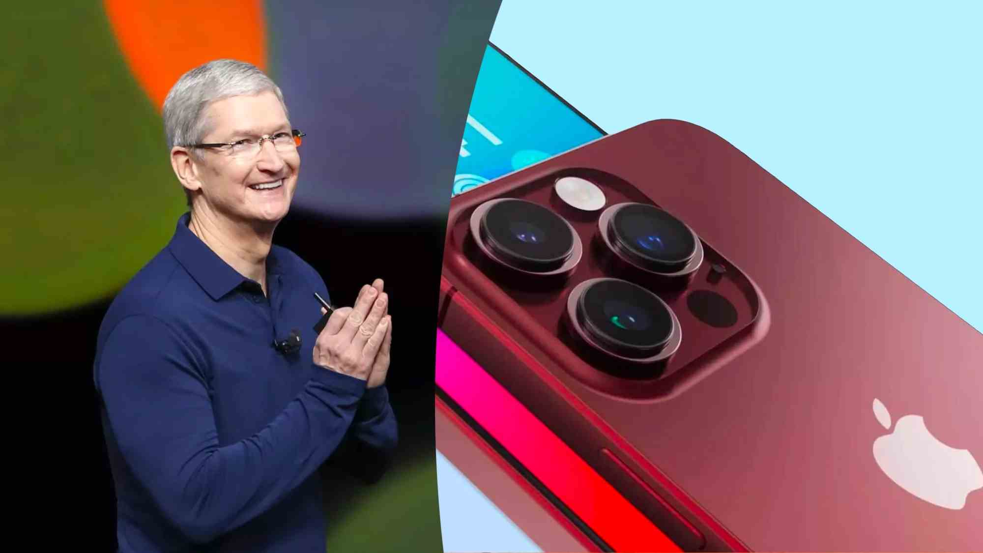 Tim Cook, iPhone 15 Pro Max görselinin yanında