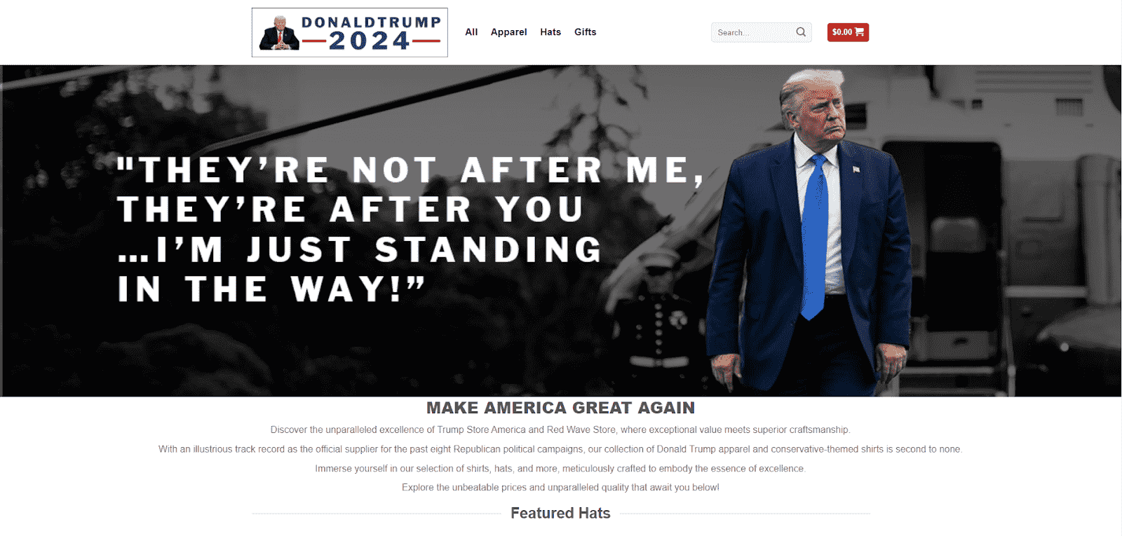 Trump'ın bir resminin ve metin okumasının yer aldığı sahte Trump web sitesi 