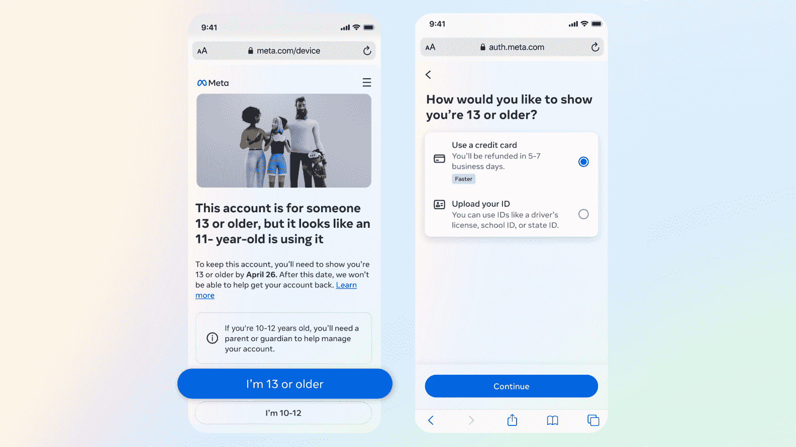 Bir telefondaki iki ekranı gösteren Meta Yaş Doğrulama pencereleri.  Biri, hesabınızın orijinal ve yeni doğum gününün neden eşleşmediğini soruyor, diğeri ise yaşınızı doğrulamak için bir kredi kartı veya kimlik vermenizi istiyor