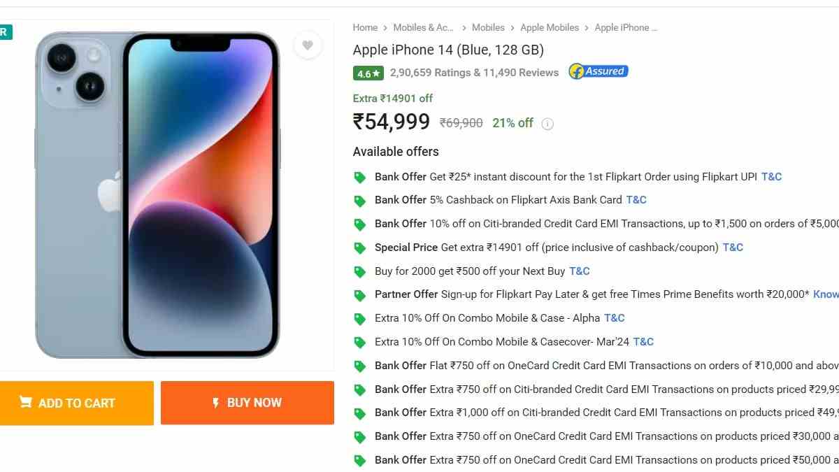 iphone 14 flipkart 1 iPhone 14 Mavi 128GB