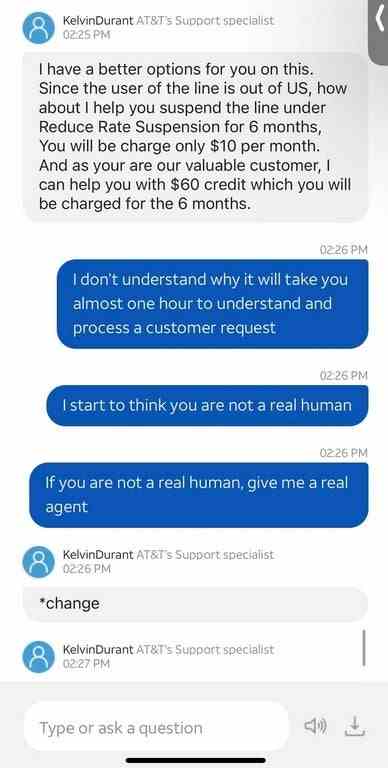 Bir AT&T müşterisi ile bir temsilci arasında bir saatten uzun süren sohbetin bir parçası - Müşteri, bir hattı kapatmaya çalışarak bir saat geçirdikten sonra AT&T'den T-Mobile'a geçmek için ayrılır