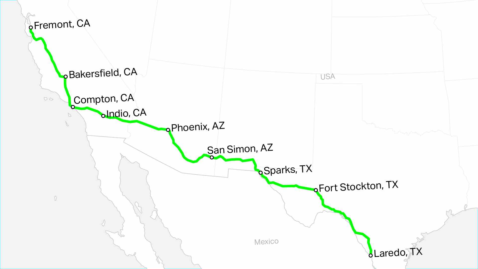 Fremont, CA'dan Laredo, Teksas'a önerilen şarj koridorunun haritası