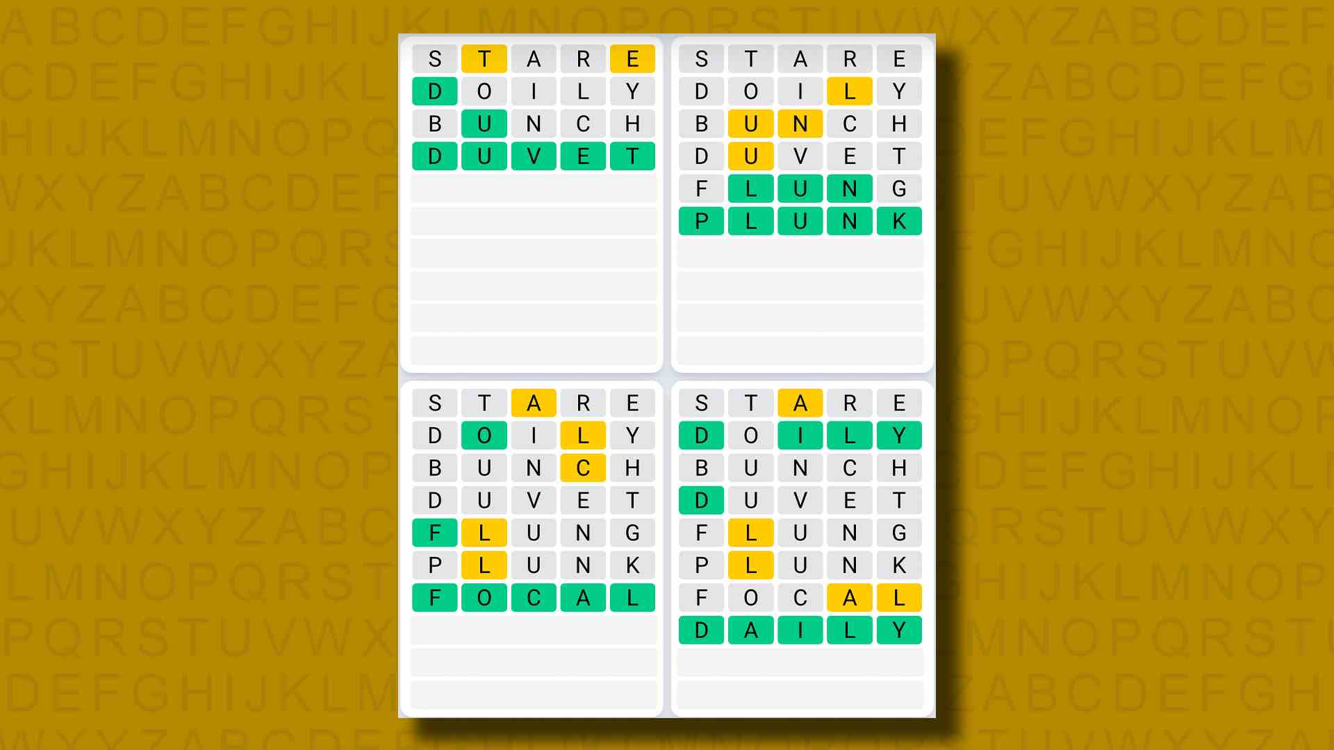 Sarı arka planda 835 numaralı oyunun Quordle Günlük Dizisi yanıtları