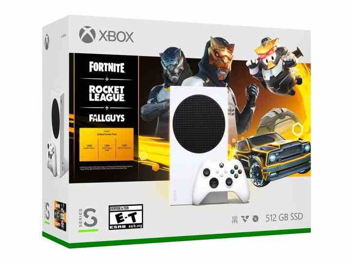 Beyaz bir arka plana karşı Microsoft Xbox Series S Yaldızlı Avcı paket kutusu.