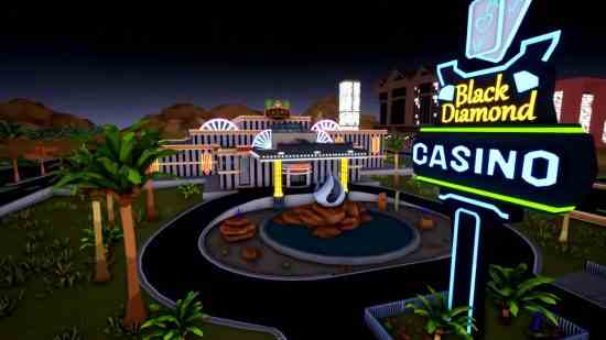 Tek Silahlı Soyguncu Black Diamond Casino - neon tabelalı büyük bir kumarhane binası olan yeni mekanın dış görüntüsü.