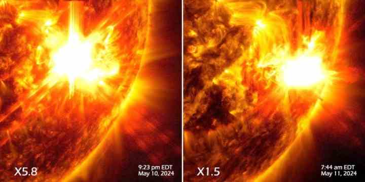 NASA'nın Güneş Dinamikleri Gözlemevi, 10 Mayıs ve 11 Mayıs 2024'te iki güneş patlamasının görüntülerini yakaladı. Görüntü, SDO'nun AIA 193, 171 ve 131 kanallarının bir karışımından oluşturulan patlamalardaki aşırı sıcak malzemeyi vurgulayan aşırı ultraviyole ışığın bir alt kümesini gösteriyor .