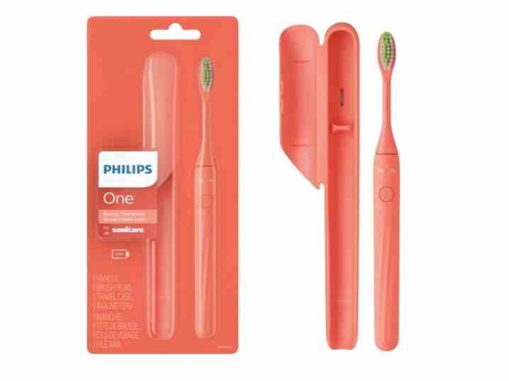 Philips Sonicare One'ın Miama mercan rengi, ambalajı ve ürünü gösteriyor.