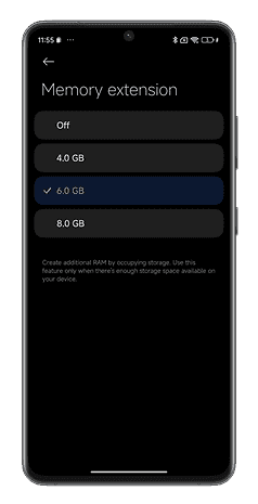 Xiaomi akıllı telefonlarda bellek genişletmenin nasıl çalıştığını gösteren HyperOS ekran görüntüsü