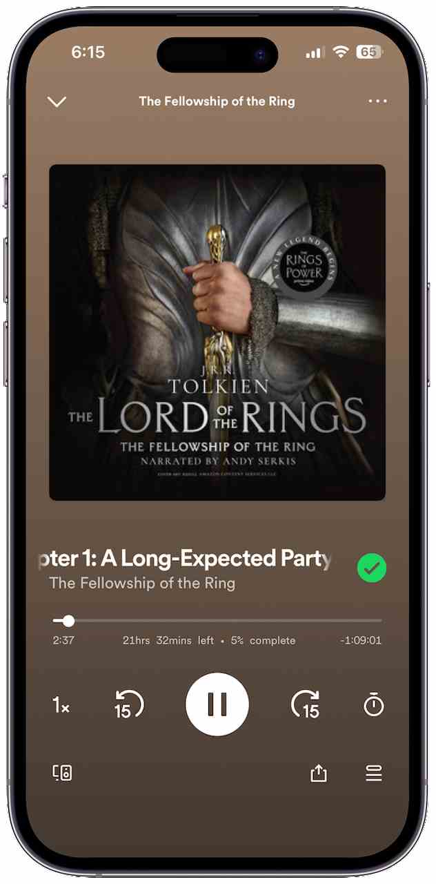 iOS uygulamasında Spotify Sesli Kitapları.