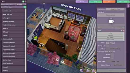 Özel işletmelerden biri olan Cozy Up Cafe'nin düzenini gösteren Life by You mod editörü.