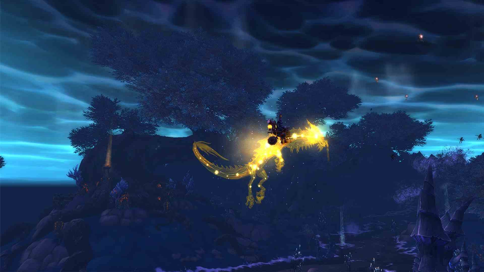 World of Warcraft'ın Mists of Pandaria Remix'i daha az WoW, daha çok Diablo: Altın renkli, hayaletimsi bir ejderha karanlık, gece yarısı gökyüzünde uçuyor