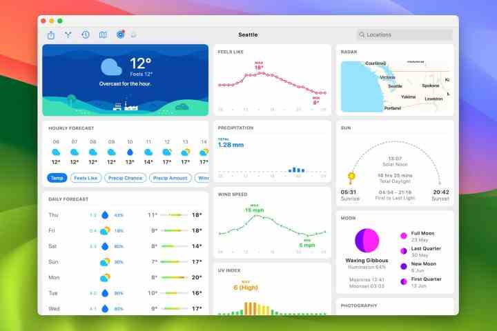 macOS Sonoma'daki Havuç Hava Durumu uygulaması.