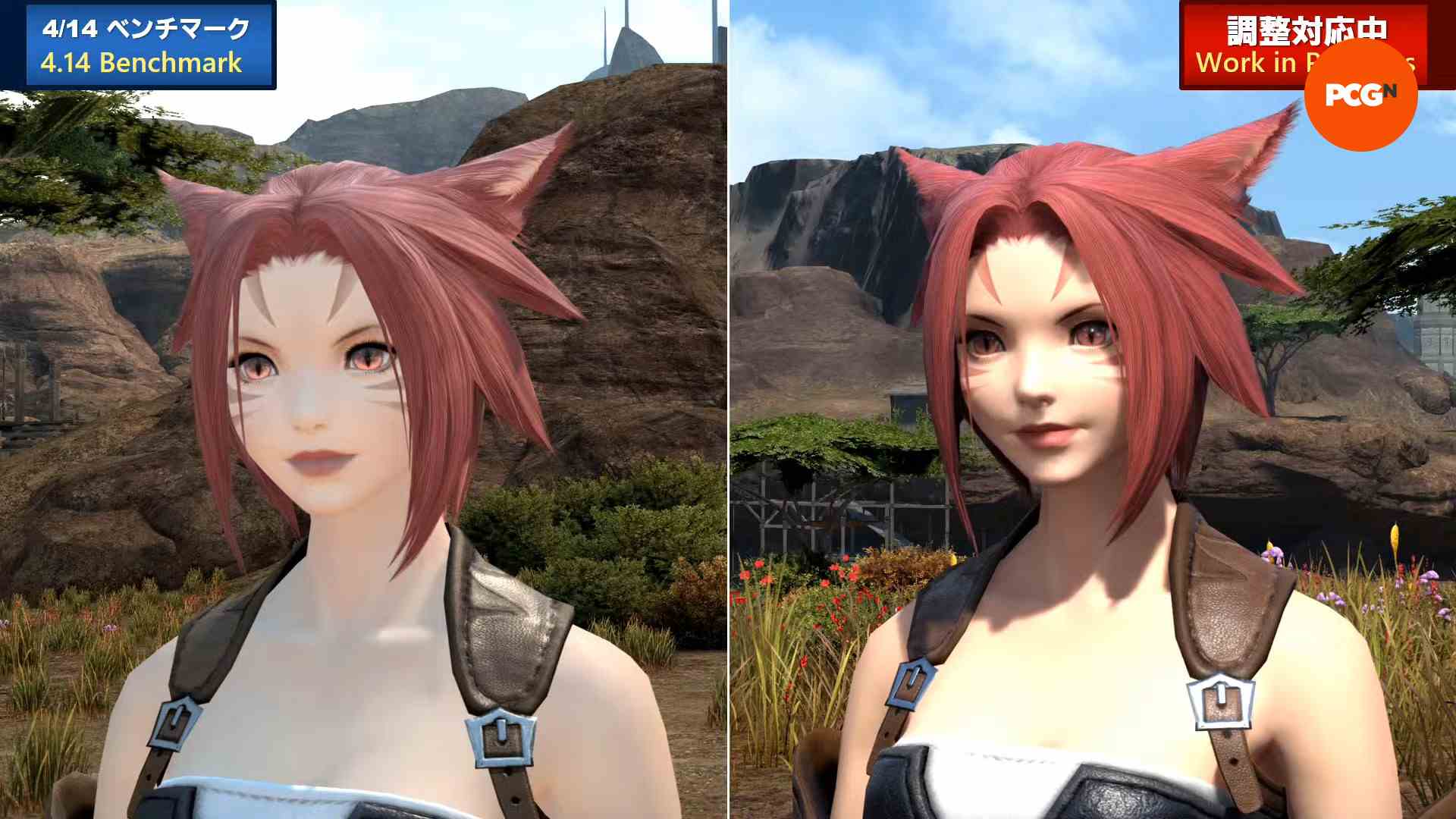 FF14 Dawntrail grafik güncellemesi - eski ve yeni karakter yaratıcısı arasındaki karşılaştırma, yeni aydınlatma sistemini dişi bir Miqo'te üzerinde çalışırken gösteriyor.