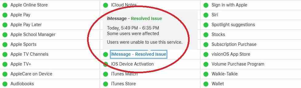 Apple'ın Sistem Durumu sayfası iMessage ile ilgili sorunun çözüldüğünü gösteriyor - iMessage platformu bu öğleden sonra kullanımdan kalkarken T-Mobile kapalı olma işaretleri gösteriyor