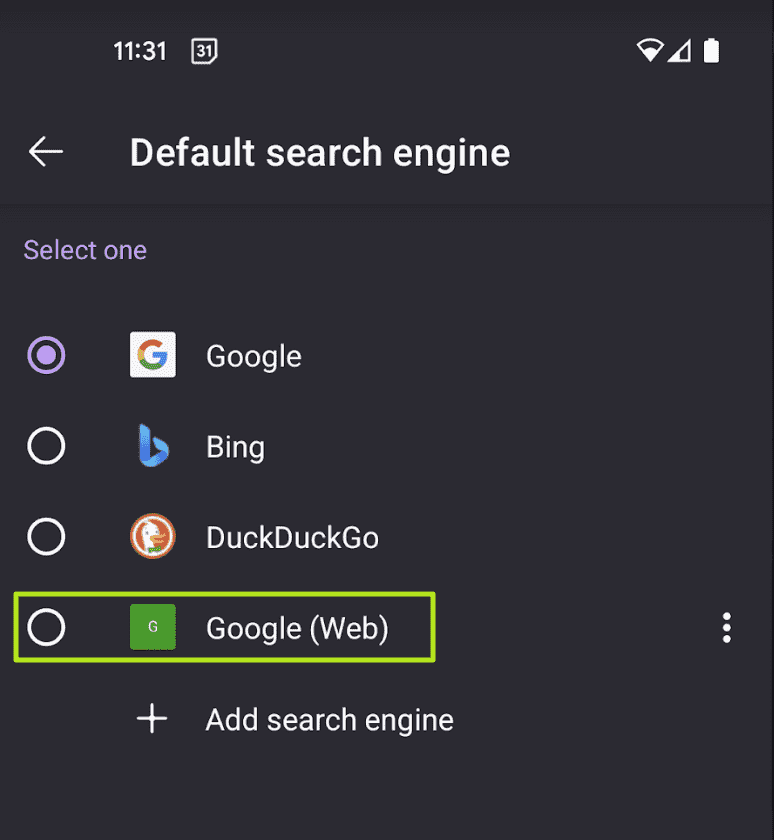 Google'ı (Web) seçin