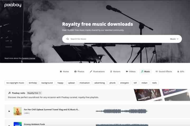 Pixabay Müzik web sitesini gösteren ekran görüntüsü.