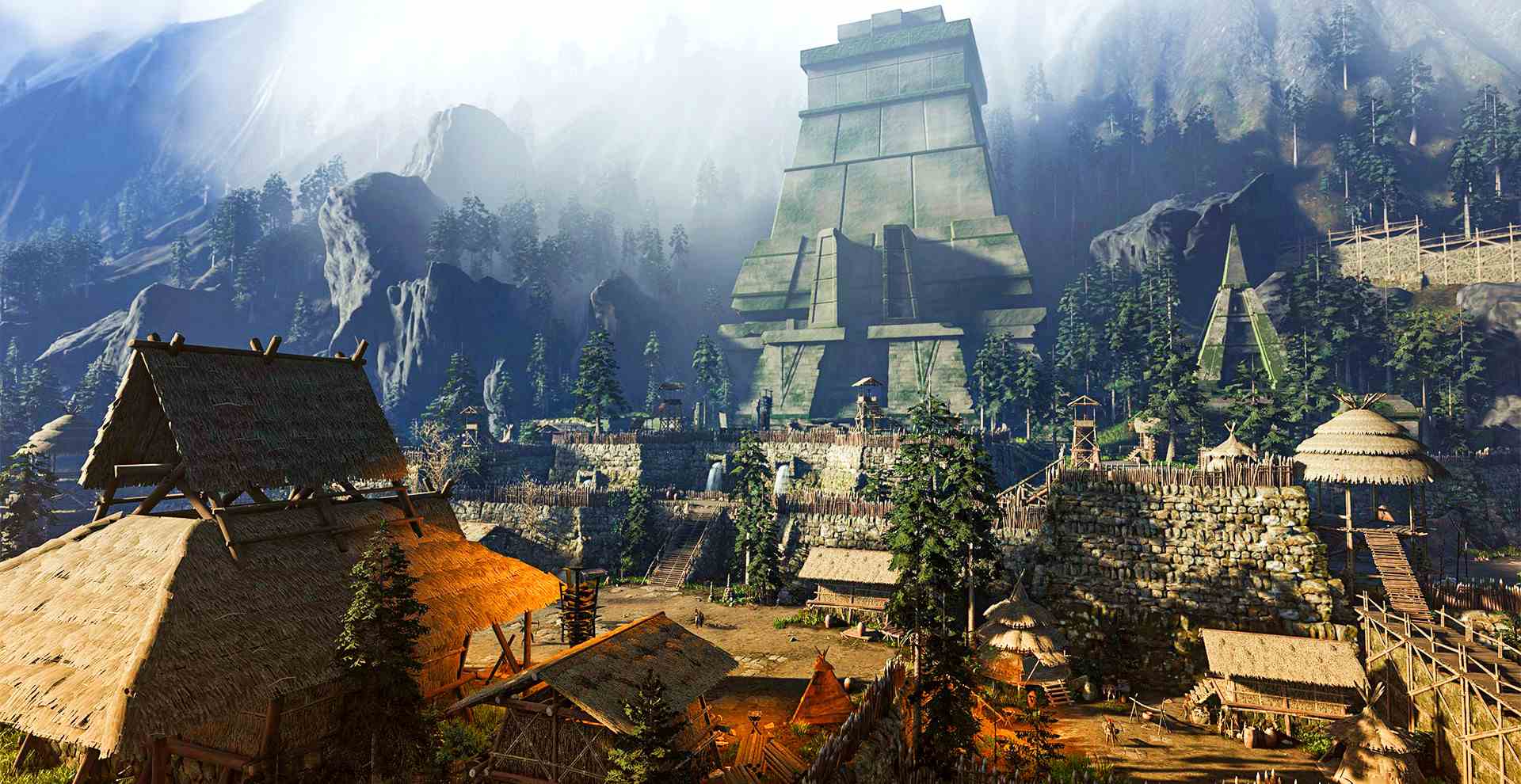 Soulmask - Küçük bir köyün üzerinde yükselen bir taş yapı beliriyor.