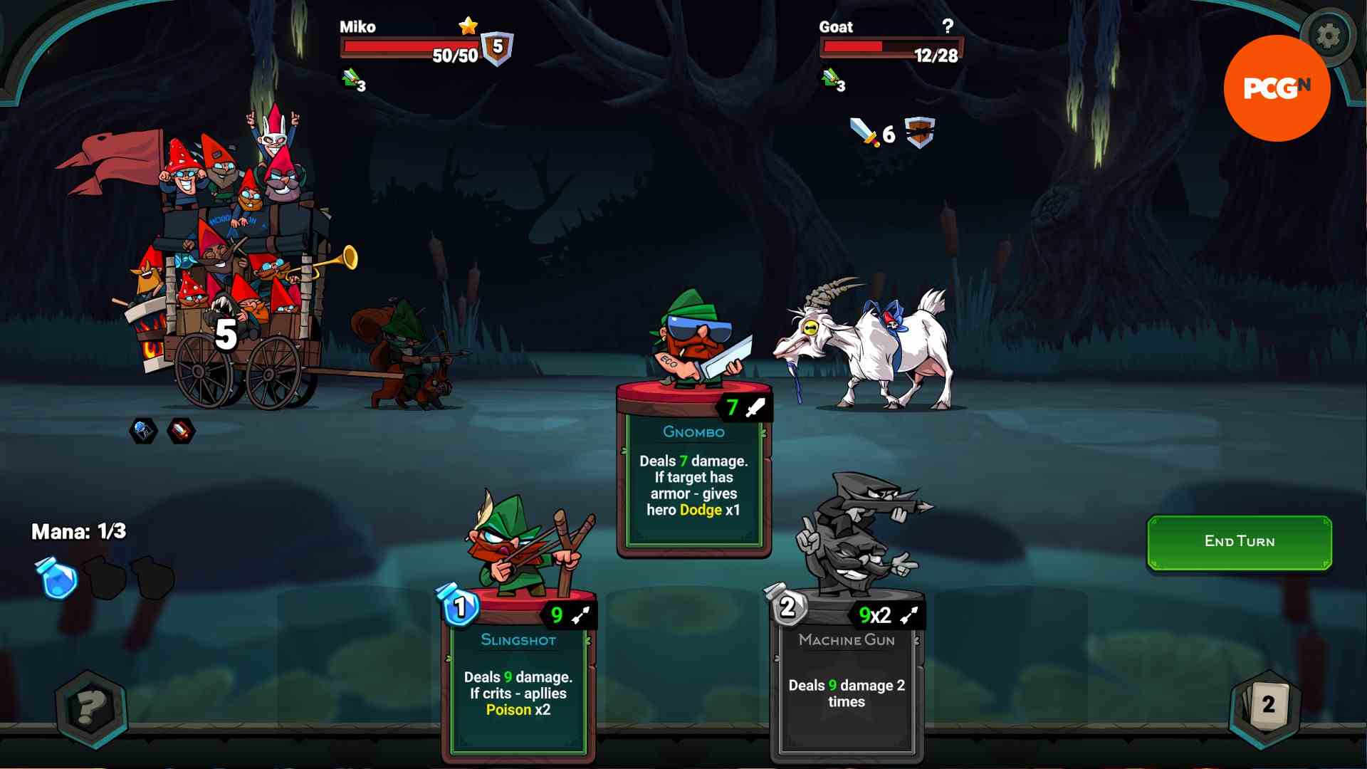 Union of Gnomes - Bir saldırı gerçekleştirmek için 'Gnombo' kartının kullanıldığı, roguelike deste oluşturucudaki savaşın ekran görüntüsü.
