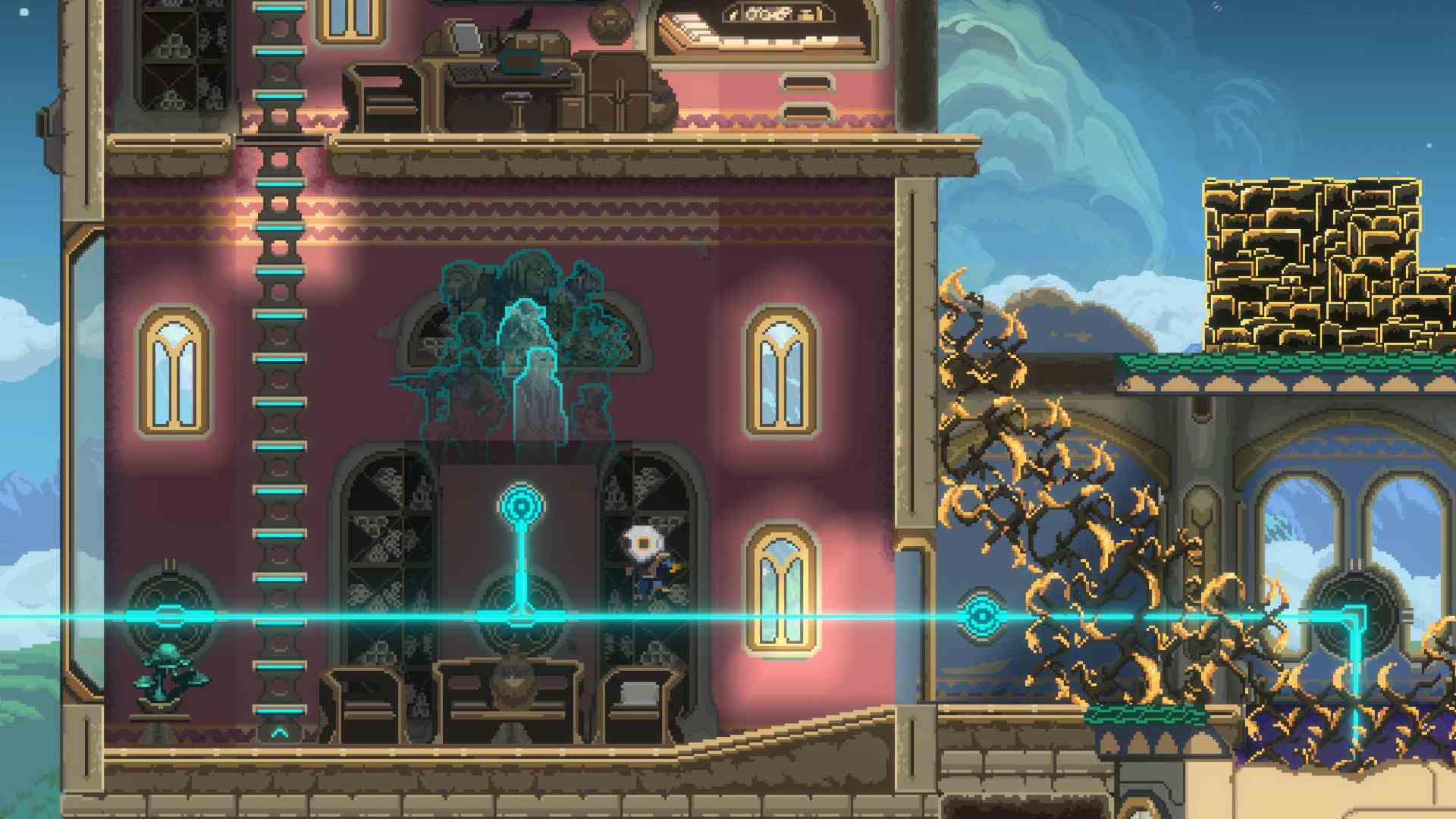 Exographer - Kahraman INI, bir binanın içinden geçen mavi bir ışık huzmesinin üzerinde duruyor.