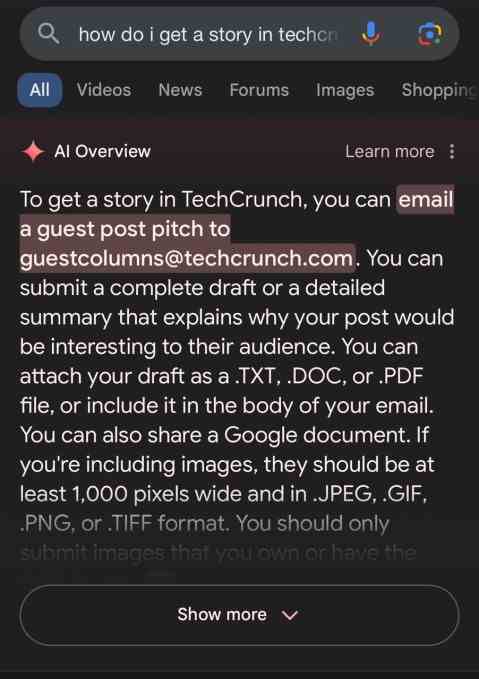 Aramaya yönelik Google'ın AI Genel Bakışının ekran görüntüsü "techcrunch'ta nasıl hikaye edinebilirim"