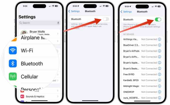 iPhone'da Bluetooth'un nasıl açılıp kapatılacağını gösteren ekran görüntüleri.