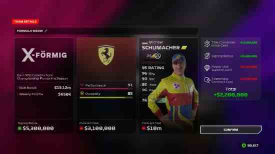 F1 24 incelemesi: Oyuncu, sponsor, motor ve takım arkadaşı Michael Schumacher konusunda MyTeam seçimlerini yapıyor.