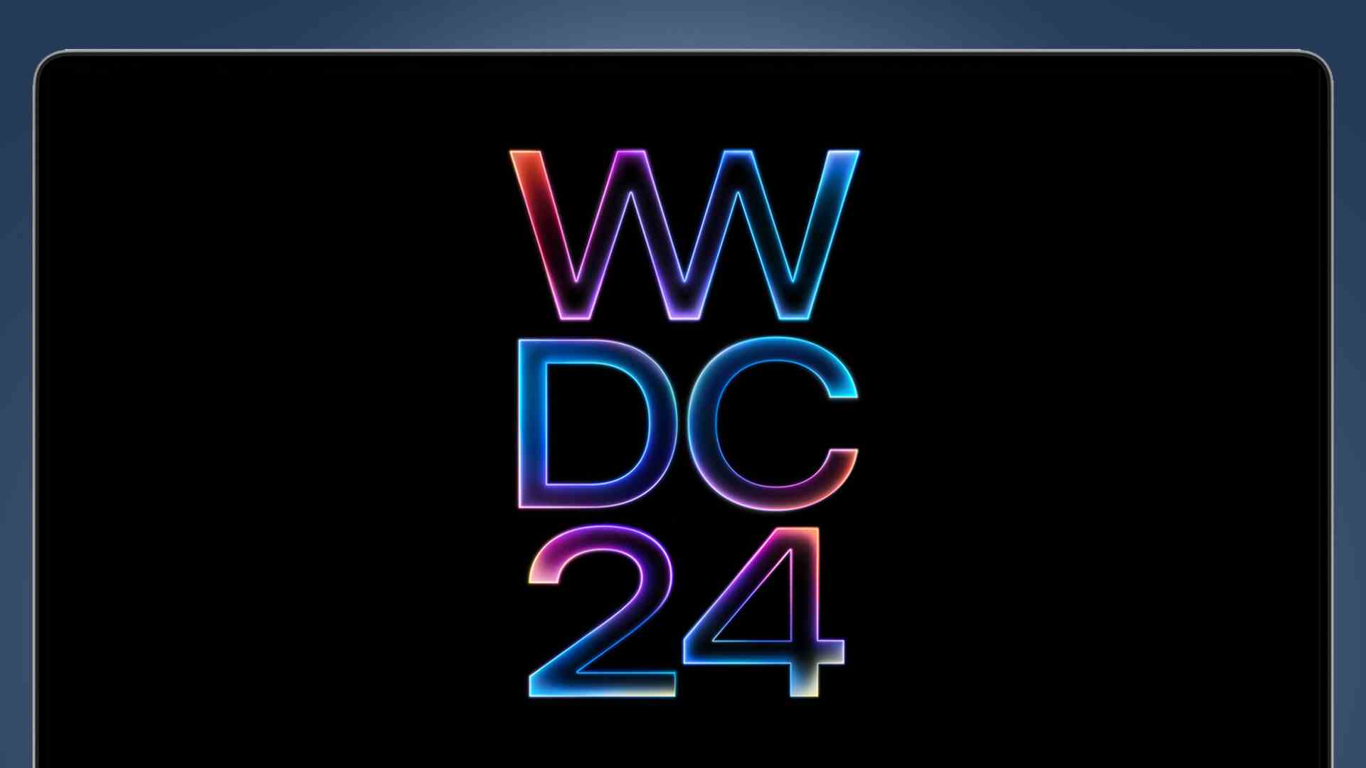 WWDC 2024 tanıtım sayfasını gösteren mavi arka planlı bir MacBook
