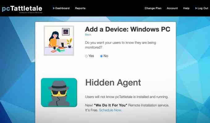 pcTattletale'in üye portalının ekran görüntüsü "Kullanıcılarınızın izlendiklerini bilmelerini mi istiyorsunuz?" ve eğer kullanıcı diyorsa "HAYIR," metinle birlikte bir indirme kutusu sunar: "Kullanıcılar pcTattletale'in kurulu ve çalıştığını bilmeyecekler.  'Sizin İçin Yapıyoruz' Uzaktan Kurulum hizmeti."