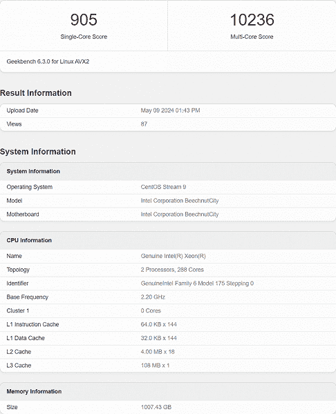 Bu 144 çekirdekli bir Intel işlemcidir, ancak tüm çekirdekleri küçüktür.  Sierra Forest serisinden Xeon 6E, kıyaslamada yer aldı 