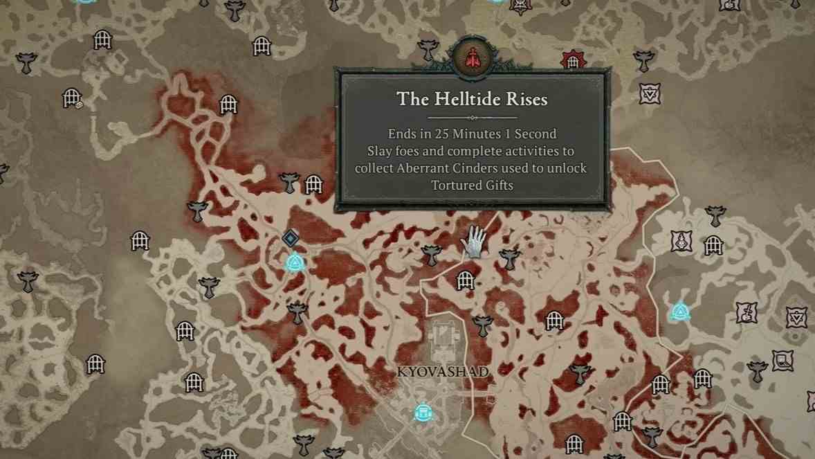 Diablo 4 Helltide haritada kırmızı renkte gösteriliyor