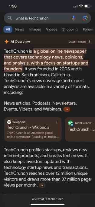 Aramaya yanıt veren AI Genel Bakışı "techcrunch nedir"