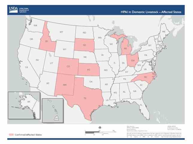 USDA'nın en son verilerine göre süt ineklerinde H5N1 enfeksiyonu olan eyaletler.
