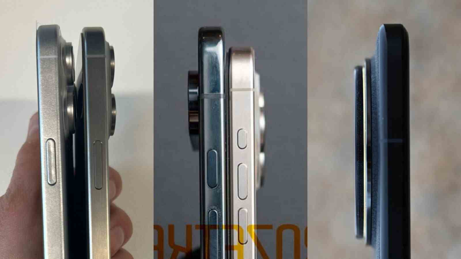 iPhone 16 Pro Max maket ünitesi, iPhone 15 Pro Max'in (solda), iPhone 15 Pro'nun (ortada) yanında Pixel 9 Pro, Xiaomi 14 Ultra'nın (sağda) yanında.  - Sızan iPhone 16 Pro, Pixel 9 Pro fotoğrafları Apple ve Google'ın Huawei'nin kamera teknolojisine ihtiyacı olduğunu gösteriyor