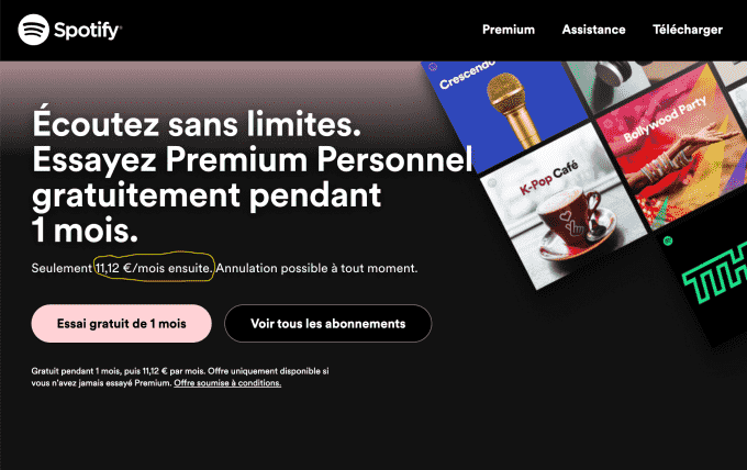 Spotify'ın Fransa'daki abonelik fiyatlandırma sayfası